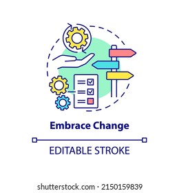 Embrace Change Concept Icon. Open To New Ideas. Effective Stakeholder Management Abstract Idea Thin Line Illustration. Isolated Outline Drawing. Editable Stroke. Arial, Myriad Pro-Bold Fonts Used