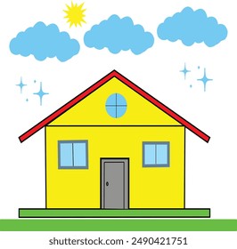 Embrace the charm of this picturesque scene featuring a quaint yellow house set against a backdrop of serene blue clouds. The house exudes warmth and character with its cheerful yellow facade 