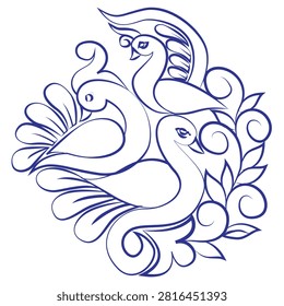 Embrace cultural elegance with this beautiful line art vector illustration featuring a traditional South Asian bird motif composition. Styled in the classic aesthetic of festive folk art such as Alpona and Rangoli, the design presents three stylized birds intertwined with fluid organic swirls and elegant leaf patterns. Rendered in a clean indigo blue outline against an isolated white background, this intricate graphic is perfect for cultural festival banners, ethnic wedding invitations, greeting cards, textile prints, and traditional craft stencils.#BirdMotif #AlponaArt #FolkIllustration #TraditionalDesign #LineArtVector #EthnicOrnaments #SouthAsianCulture #GraphicElement #CraftStencil