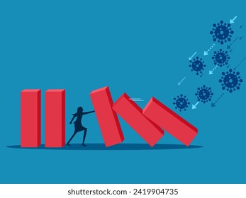 Embrace the disease crisis. Businesswoman stops falling dominoes from virus attack