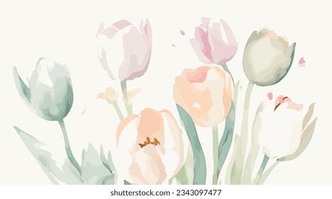 Embrace elegance with Watercolor Tulips: gentle shades on white base. Perfect for watercolor enthusiasts, prints, decor, artistic projects. Editable, Customizable.