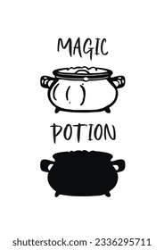 Embrace the enchanting world of magic with this captivating poster featuring line art and a black shape of a witch cauldron, and the words 'Magic Potion.'