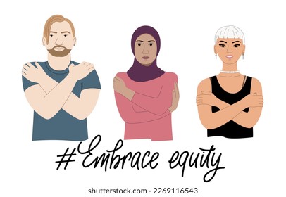 Embrace equity banner. Different people show support to gender equality. International womens day card. IWD 2023 theme. Vector illustration for ad, poster, social media.