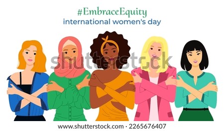 Embrace Equity banner. International Women's Day 2023. Multicultural women are hugging themself. Love yourself concept. Great for poster, web, landing page, template, social media, mobile app. Vector Foto d'archivio © 