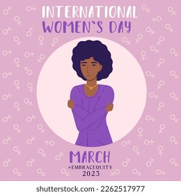 Embrace equity black woman embrace yourself 2023 purple square illustration. International womens day concept, self love, self care.