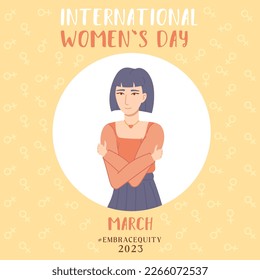 Embrace equity black woman embrace yourself 2023 purple square illustration. International womens day concept, self love, self care.