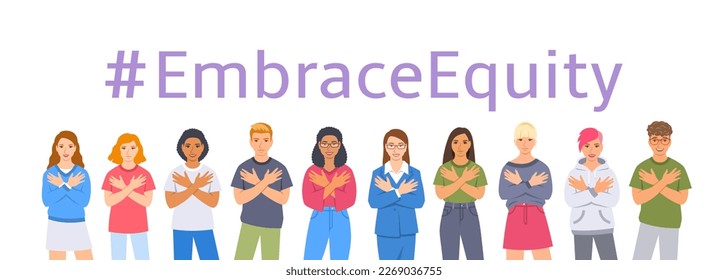 Adoptar una campaña de equidad. Tema del Día Internacional de la Mujer 2023. Sonriendo a diversos hombres y mujeres abrazándose para detener la discriminación de género y los estereotipos. Un mundo de igualdad de género inclusivo.