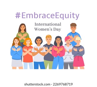 Adoptar una campaña de equidad. Tema del Día Internacional de la Mujer 2023. Sonriendo a diversos hombres y mujeres abrazándose para detener la discriminación de género y los estereotipos. Un mundo de igualdad de género inclusivo.