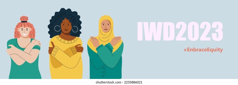 Embrace Equity is campaign theme of International Women's Day 2023. Women are hugging herself. Vector illustration.