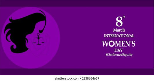 Embrace Equity is campaign theme of International Women's Day 2023. purple background with women silhouette hug herself