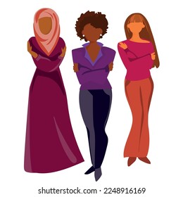 Embrace Equity concept.Three women of different nationality African American,European and Muslim woman embrace themselves vector illustration.Group of diverse women,Activism concept self love.IWD.
