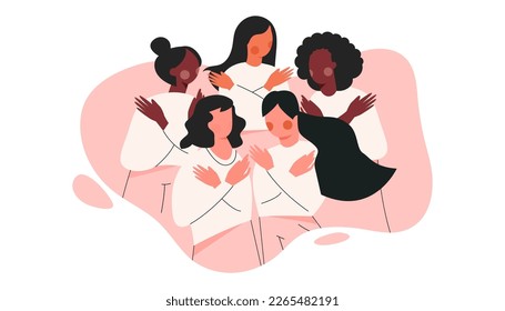 Embrace Equity International Women day 2023. Woman hug yourself vector illustration poster. 8 March feminine banner. EmbraceEquity. Female empowerment movement. Sisterhood and girl power concept