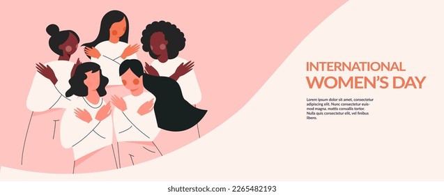 Embrace Equity International Women day 2023 vector illustration. Sisterhood and girl power concept. Woman hug yourself. 8 March feminine banner. EmbraceEquity. Female empowerment movement