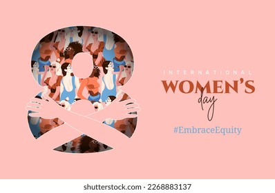 Embrace Equity International Women day 2023 vector illustration. Sisterhood and girl power concept. Woman hug yourself. 8 March feminine banner. EmbraceEquity. Female empowerment movement