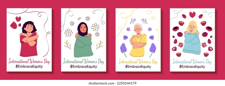 Embrace equity International women's day cards vector illustration. Diverse women hugging herself. Self love, care and equality concept. Four poster templates decorated with flowers and ribbons 