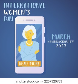 Embrace equity old woman embrace yourself in a phone 2023 poster. International womens day concept, self love, self care.