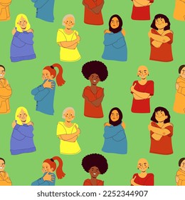 Embrace equity seamless pattern with girls vector illustration. Diverse women hugging herself. International women's day campaign. Isolated on green background