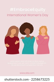 Embrace Equity slogan International Women's Day 8 march 2023. Vector women's characters hug yourself on pink pastel background.