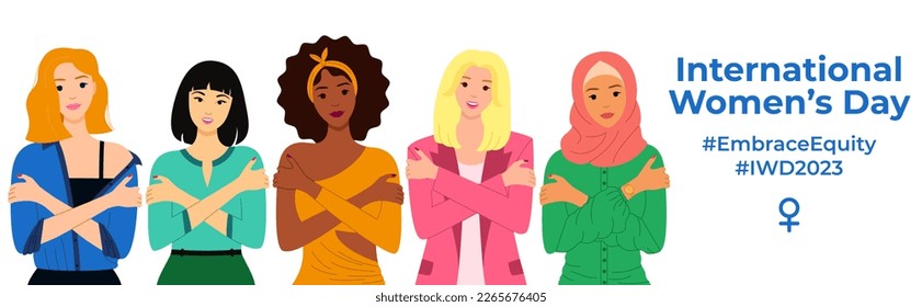 Embrace Equity is theme of International Women's Day 2023. Multicultural women are hugging themself. Love yourself concept. Great for banner, poster, web, landing page, template, social media. Vector