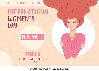 Embrace equity woman embrace yourself 2023 pink square web page landing template. . International womens day concept, self love, self care. Stock vector poster in flat style.