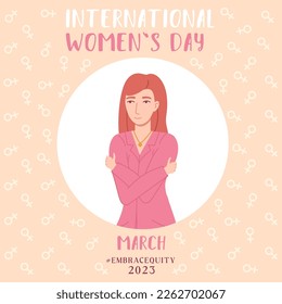 Embrace equity woman embrace yourself 2023 pink square illustration. International womens day concept, self love, self care.