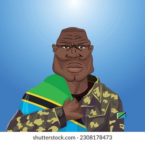 Embrace the essence of bravery and patriotism! Witness the power of an Tanzanian soldier with the national flag. Fuel your designs with pride. Get this essential vector file and inspire greatness!