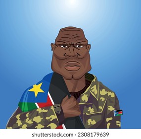 Embrace the essence of bravery and patriotism! Witness the power of an South Sudan soldier with the national flag. Fuel your designs with pride. Get this essential vector file and inspire greatness!