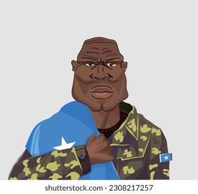 Embrace the essence of bravery and patriotism! Witness the power of an Somali soldier with the national flag. Fuel your designs with pride. Get this essential vector file and inspire greatness!
