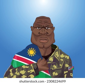 Embrace the essence of bravery and patriotism! Witness the power of an Namibian soldier with the national flag. Fuel your designs with pride. Get this essential vector file and inspire greatness!