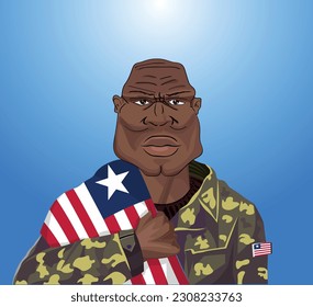 Embrace the essence of bravery and patriotism! Witness the power of an Liberian soldier with the national flag. Fuel your designs with pride. Get this essential vector file and inspire greatness!
