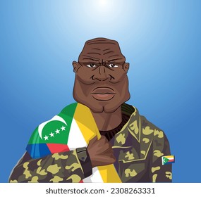 Embrace the essence of bravery and patriotism! Witness the power of an Comorian soldier with the national flag. Fuel your designs with pride. Get this essential vector file and inspire greatness!