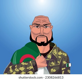 Embrace the essence of bravery and patriotism! Witness the power of an Algerian soldier with the national flag. Fuel your designs with pride. Get this essential vector file and inspire greatness!