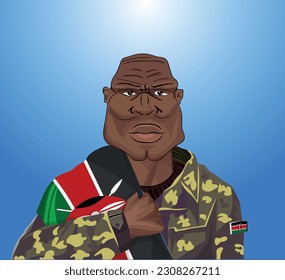 Embrace the essence of bravery and patriotism! Witness the power of an Kenyan soldier with the national flag. Fuel your designs with pride. Get this essential vector file and inspire greatness!