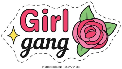 Embrace girl power with trendy girl gang design featuring bold lettering and delicate pink rose, ideal for fashion lovers making a statement. Perfect for any occasion