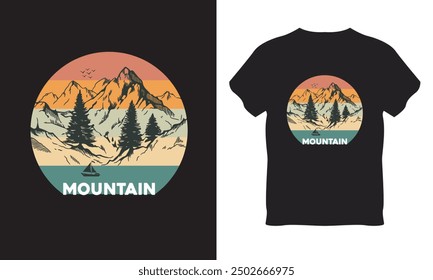 Embrace the great outdoors with our stunning Mountain Majesty t-shirt design. This vector artwork features a majestic mountain range silhouetted against a stylized sunburst or starry night sky. 