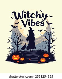 Embrace Halloween magic with the "Witchy Vibes" t-shirt featuring a witch's silhouette flying over a spooky landscape of pumpkins and bats. Enchant your wardrobe!