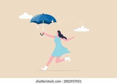 Embrace happiness and positive thinking, protection from depression or anxiety, woman wellbeing and lifestyle concept, cute young adult happy lady holding umbrella dancing in the raining cloud.