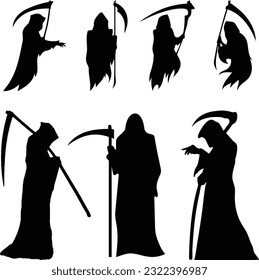 Abran la inolvidable esencia del inframundo con nuestra escalofriante colección de 7 Silhouettes de vectores negros Grim Reaper. 