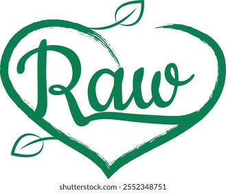 Embrace a healthy lifestyle with vibrant green raw lettering in a heart shape surrounded by lush leaves, promoting vegan and vegetarian diets for wellness