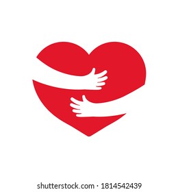 Embrace of heart. Icon of hug with heart with help hands. Logo of warm, love and care. Arm, heart hug yourself. Symbol of family cozy. Concept of health. Shape for mother day. Gift of charity. Vector.