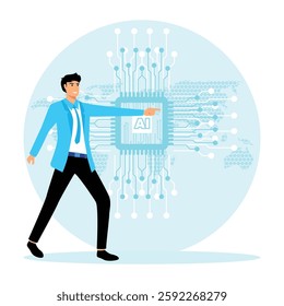 Embrace innovation and navigate the future of intelligent technology. Business visionary points to AI letter on a world map, symbolizing the strategic utilization of AI in global business. 