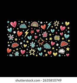Embrace joy with this whimsical, hand-drawn vector doodle pattern! Featuring a vibrant mix of hearts, stars, rainbows, and clouds on a sleek black background, this design exudes colorful energy. 