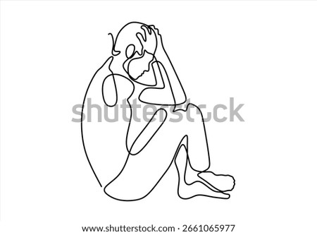 Embrace of Loneliness.  Single Continuous line drawing of Depressed teenager Sad young boy. Bad mood, Unhappy , sorrow, melancholy, negative emotions concept. Worried people concept
