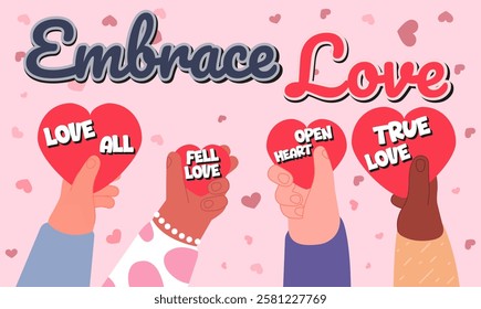 Embrace Love. Help united, volunteering holidays. Hand holding hearts, hope concept. Positive emotions, protect peace utter vector banner. Illustration of charity group with red heart support