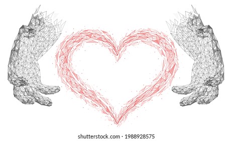 The embrace of love. A polygonal heart made of shards in your hands. White background.