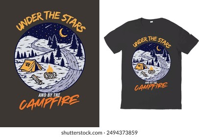 Embrace the magic of nights spent around the campfire with our "Under the Stars" T-Shirt. This design captures the cozy and enchanting atmosphere of outdoor camping under a starry sky.