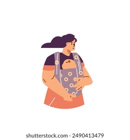 Embrace motherhood. Cartoon illustration of a mother hugging a baby in a carrier. Vector icon of a loving family isolated on a white background