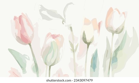 Embrace nature's elegance with Watercolor Tulips: soft tulips in various shades on white. Perfect for artistic projects, prints, decor. Editable, Customizable.