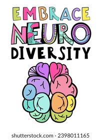 Embrace neuro diversity. Creative hand-drawn lettering in a pop art style. Human minds and experiences diversity. Inclusive, understanding society. Vector illustration isolated on a white background