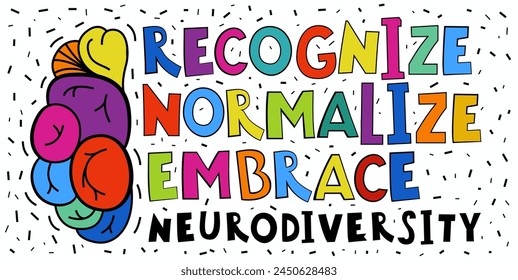 Embrace neuro diversity. Creative hand-drawn lettering in a pop art style. Human minds and experiences diversity. Inclusive, understanding society. Vector illustration isolated on a white background